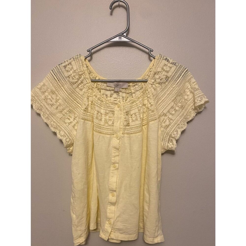 LOFT Yellow Crochet Yoke Button-Front Women's Top | Size Large